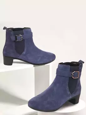 Navy Flared Heel High Ankle Suede Leather Classic Winter Buckle Strap Women's Chelsea Boots