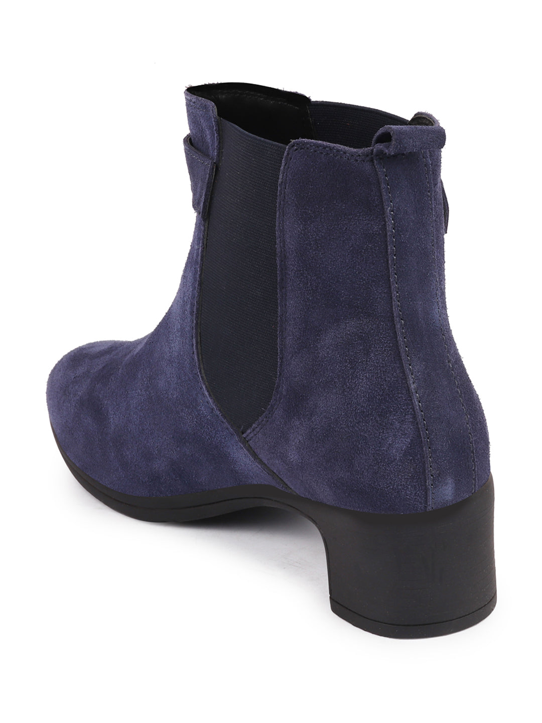 Navy Flared Heel High Ankle Suede Leather Classic Winter Buckle Strap Women's Chelsea Boots