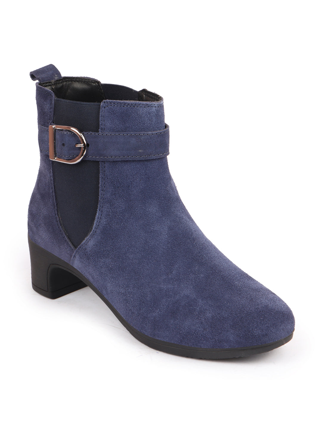 Navy Flared Heel High Ankle Suede Leather Classic Winter Buckle Strap Women's Chelsea Boots