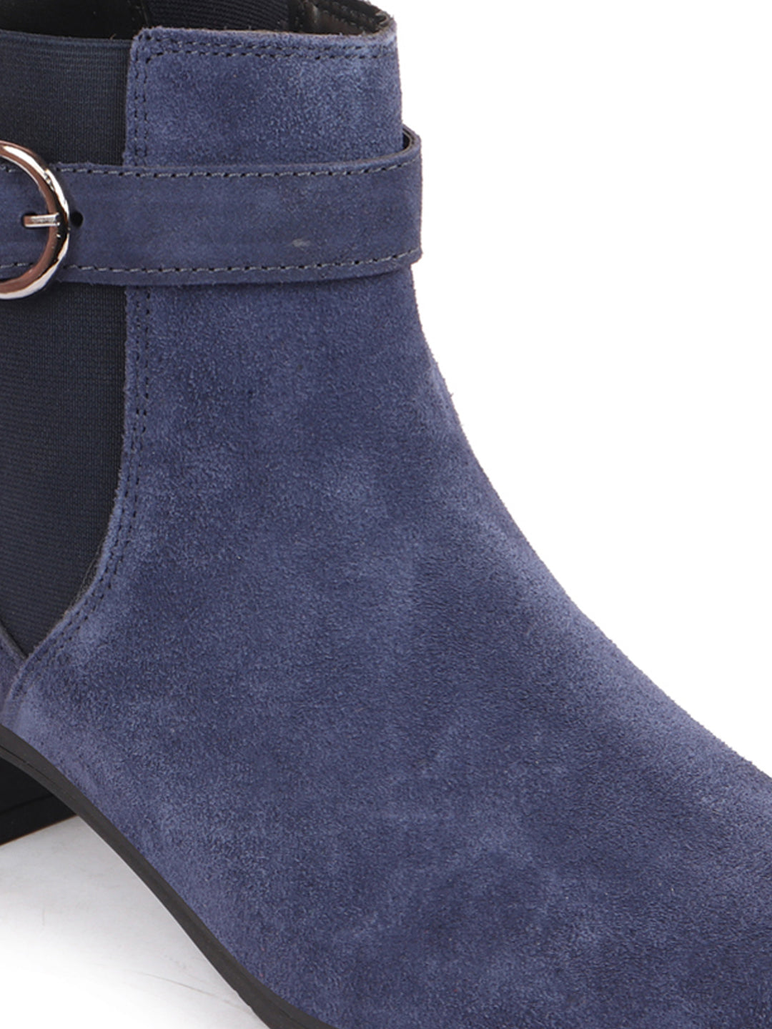 Navy Flared Heel High Ankle Suede Leather Classic Winter Buckle Strap Women's Chelsea Boots