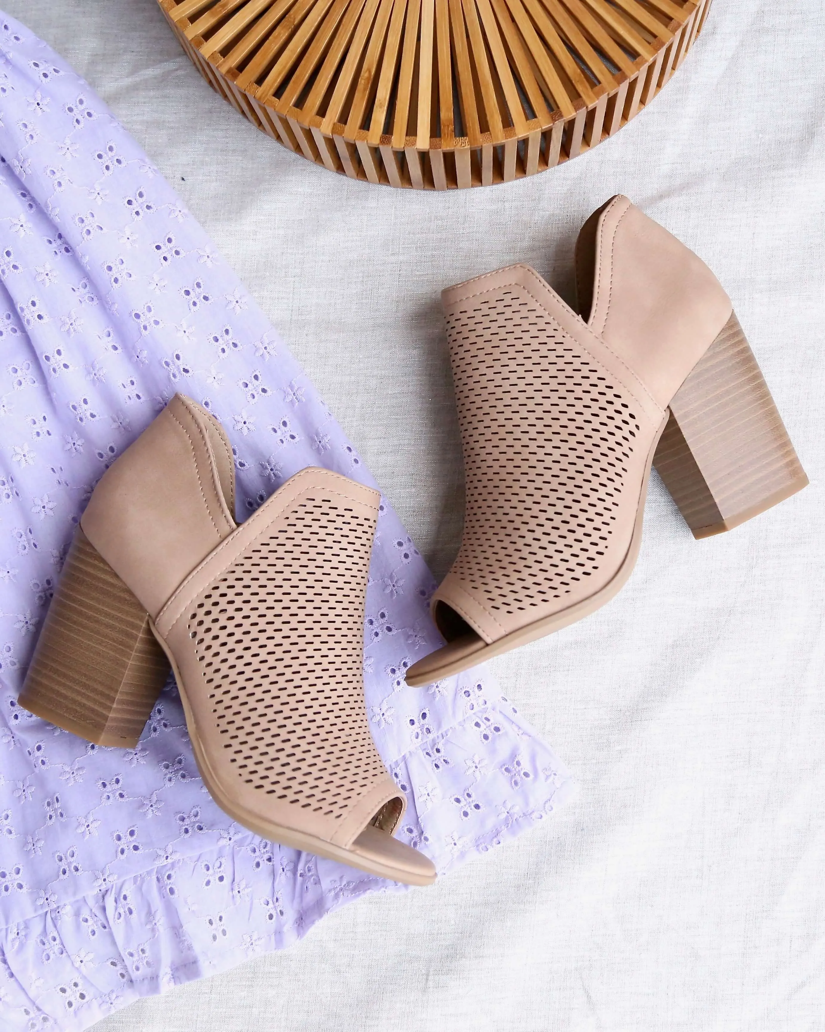 Niki Open Toe Heeled Ankle Booties in Natural Perforation