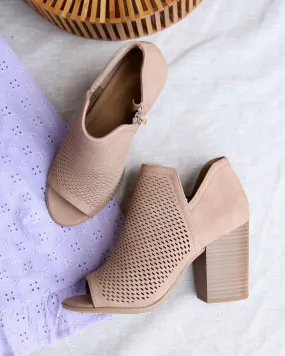 Niki Open Toe Heeled Ankle Booties in Natural Perforation