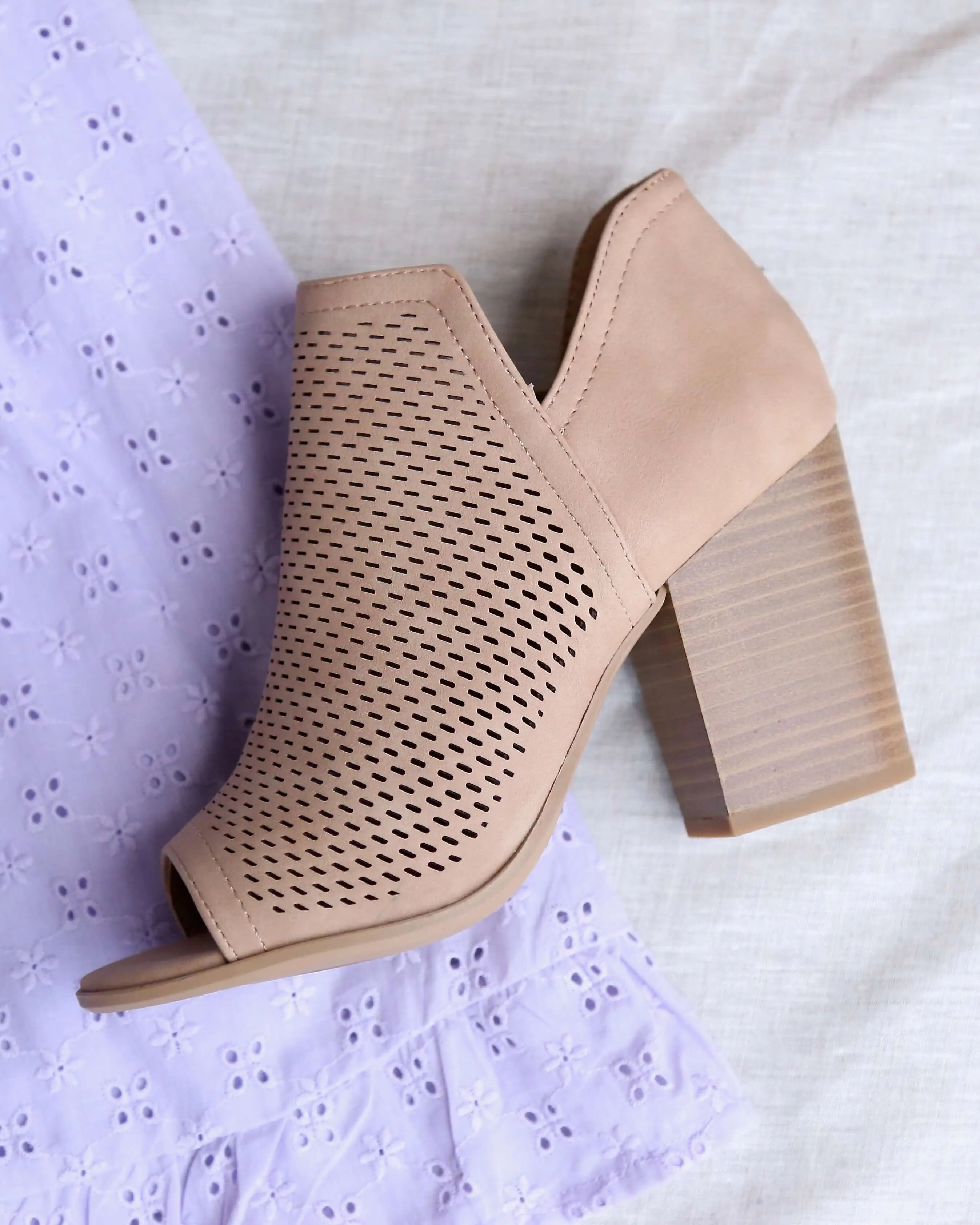 Niki Open Toe Heeled Ankle Booties in Natural Perforation