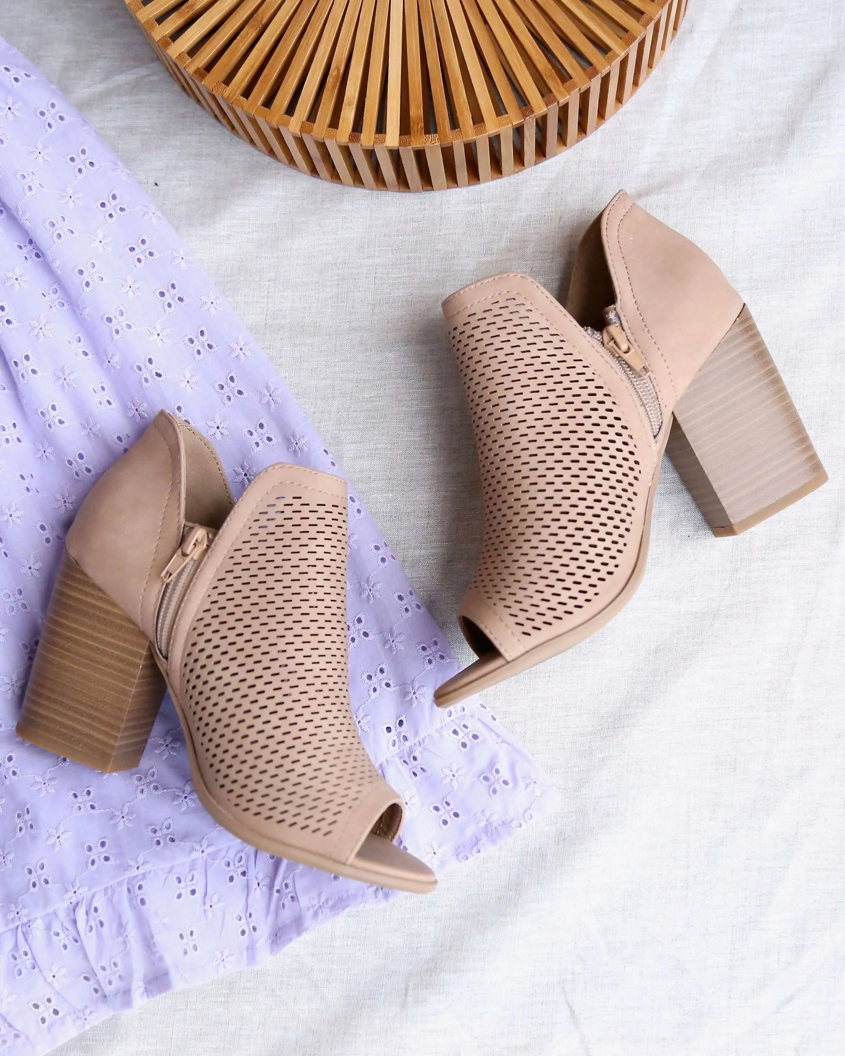 Niki Open Toe Heeled Ankle Booties in Natural Perforation