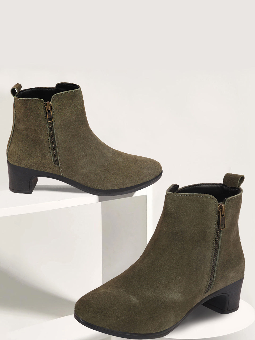 Olive flared heel suede leather zipper closure winter Chelsea boots for women.