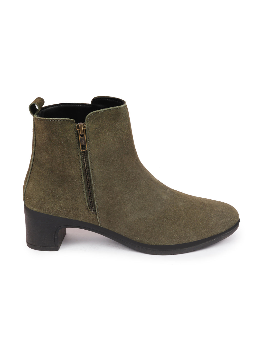 Olive flared heel suede leather zipper closure winter Chelsea boots for women.