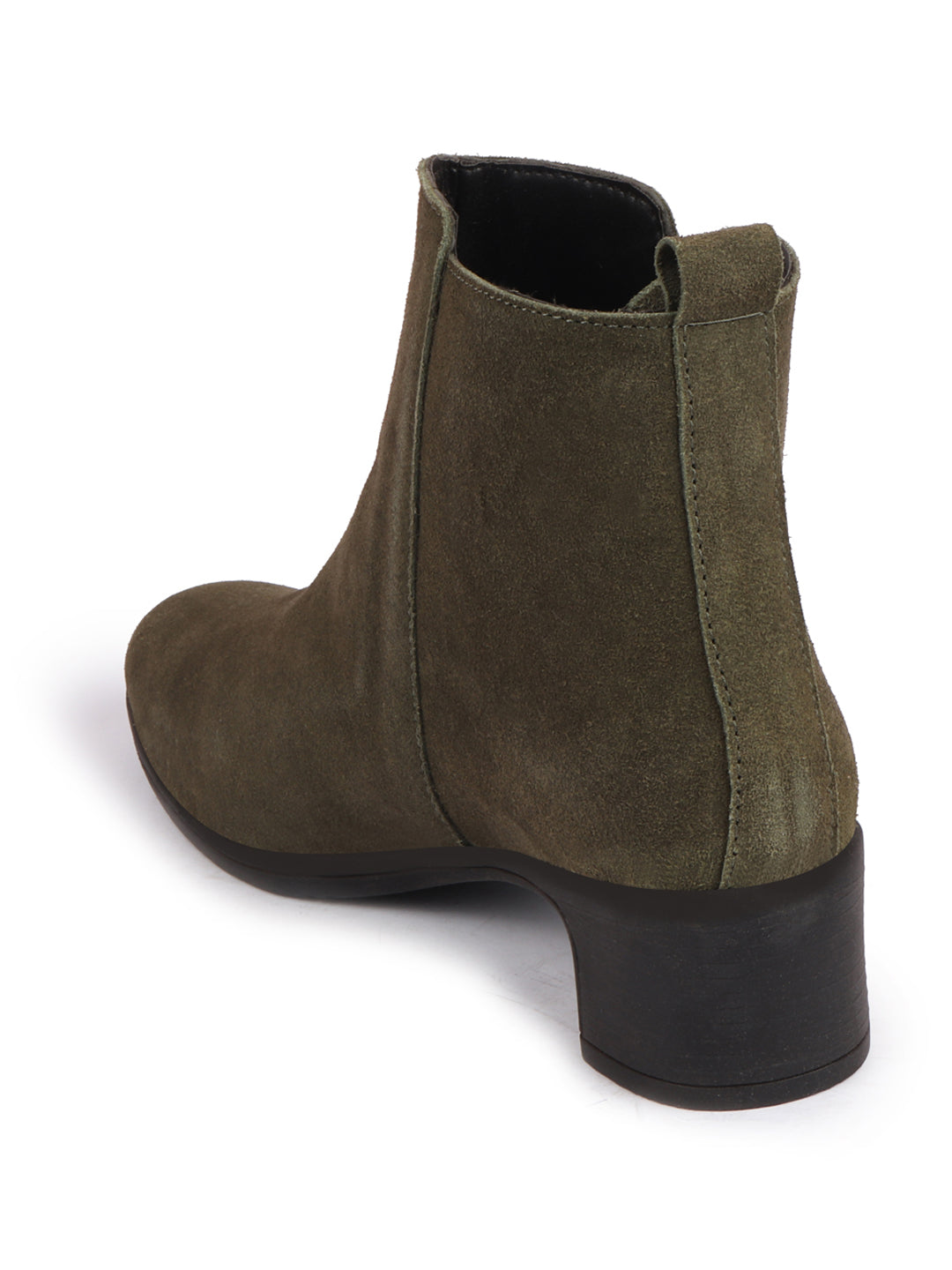 Olive flared heel suede leather zipper closure winter Chelsea boots for women.