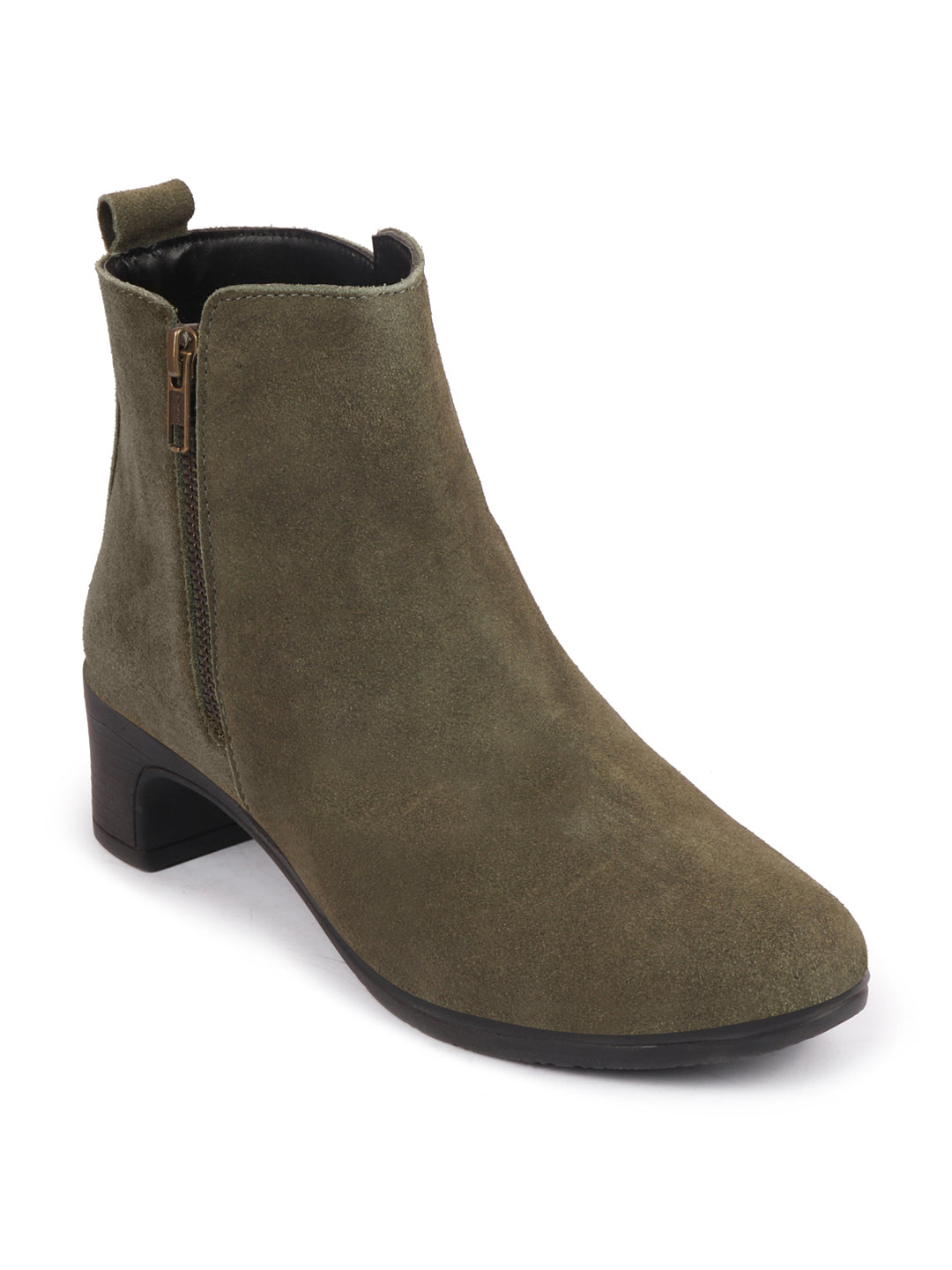 Olive flared heel suede leather zipper closure winter Chelsea boots for women.