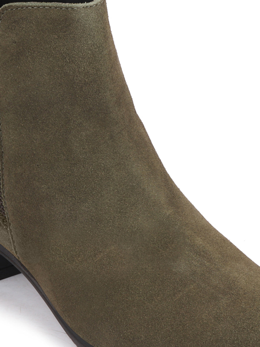 Olive flared heel suede leather zipper closure winter Chelsea boots for women.