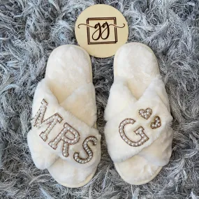 Personalized Pearl Mrs Faux Fur Slippers