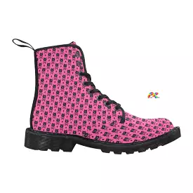 Pink Cross Bone Cat Lace-up Canvas Boots for Women