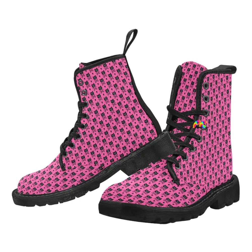 Pink Cross Bone Cat Lace-up Canvas Boots for Women