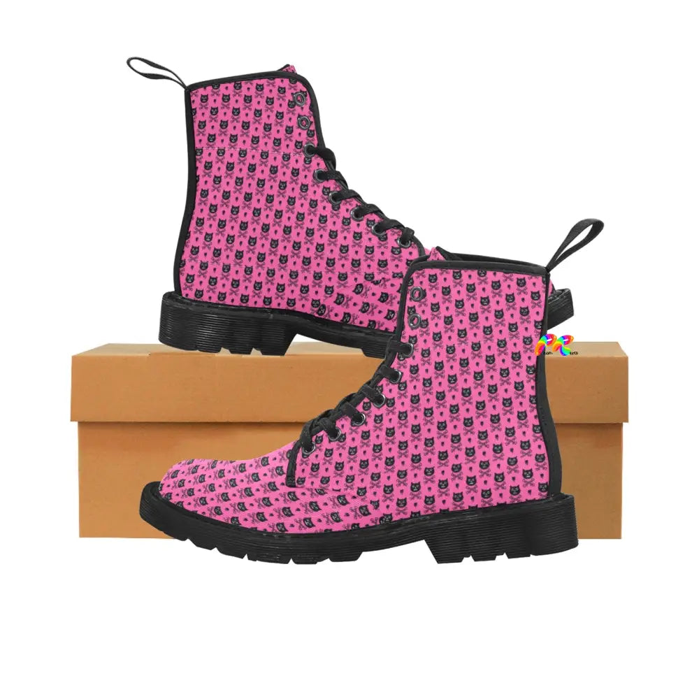 Pink Cross Bone Cat Lace-up Canvas Boots for Women