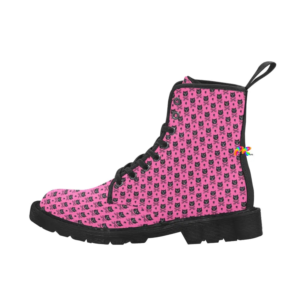 Pink Cross Bone Cat Lace-up Canvas Boots for Women