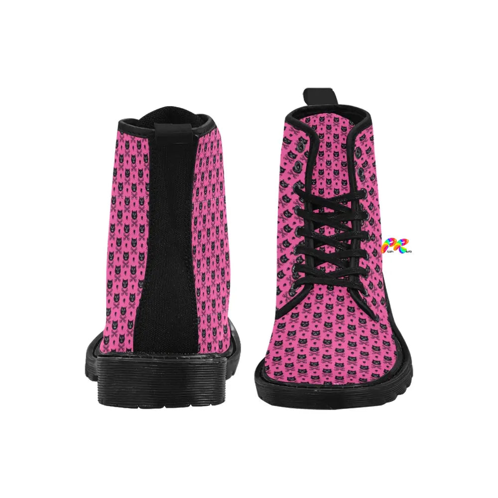 Pink Cross Bone Cat Lace-up Canvas Boots for Women