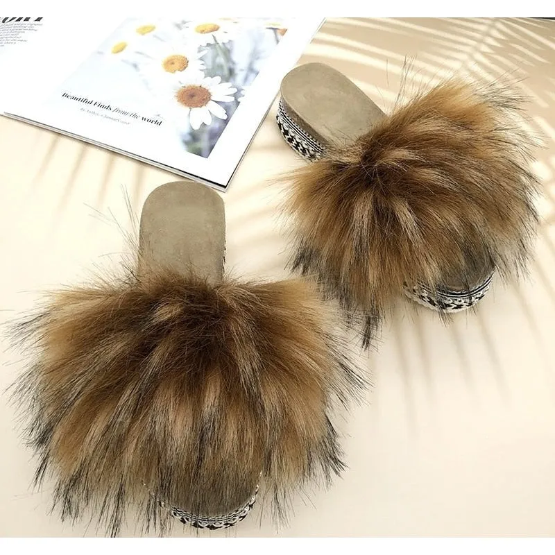 Platform house slippers for women with rivets, synthetic fur, and raccoon design.