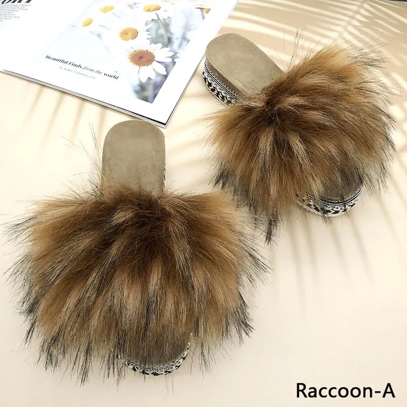 Platform house slippers for women with rivets, synthetic fur, and raccoon design.