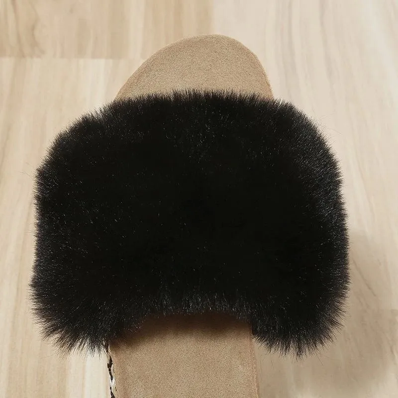 Platform house slippers for women with rivets, synthetic fur, and raccoon design.