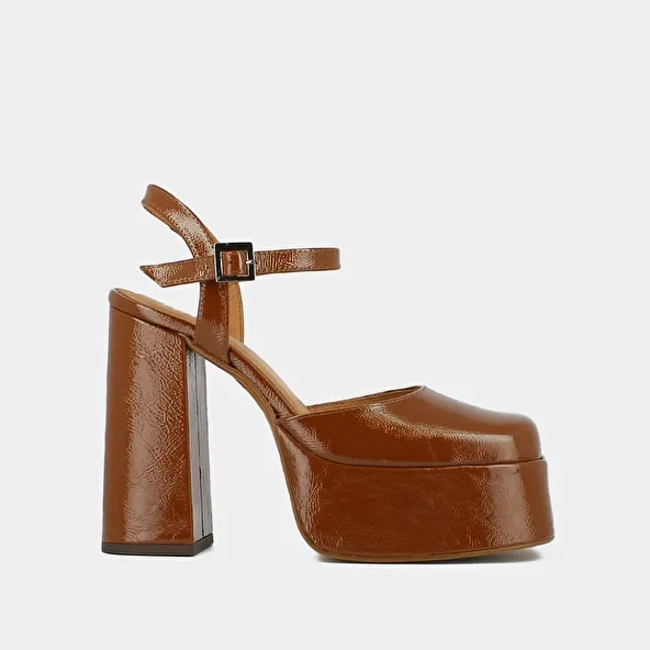 Pleated Cognac Patent Strap Platform Slippers