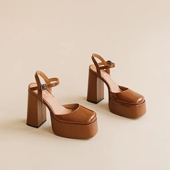 Pleated Cognac Patent Strap Platform Slippers