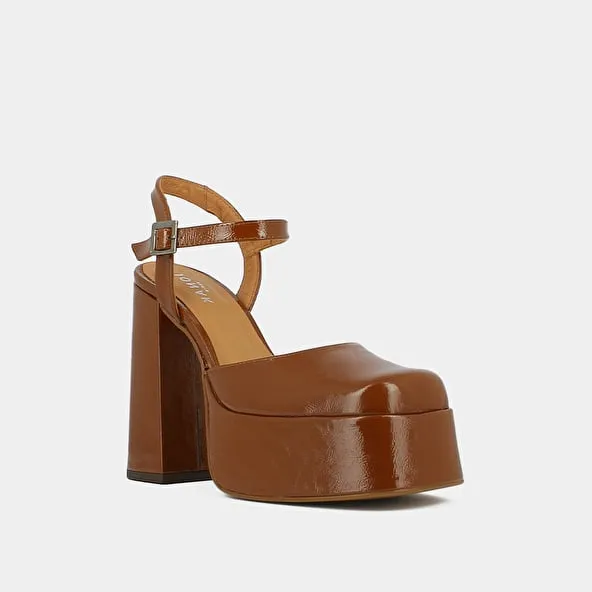 Pleated Cognac Patent Strap Platform Slippers