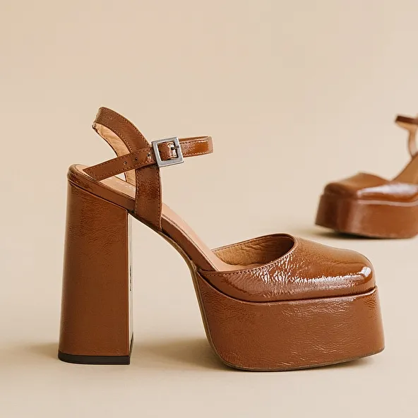 Pleated Cognac Patent Strap Platform Slippers