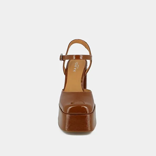 Pleated Cognac Patent Strap Platform Slippers