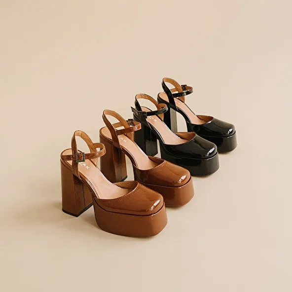 Pleated Cognac Patent Strap Platform Slippers