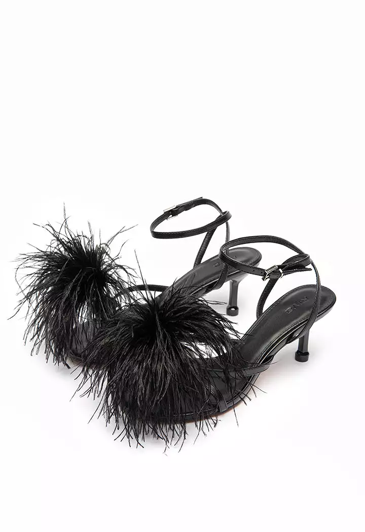 Polka Dot Stiletto Sandals with Feather Trim.