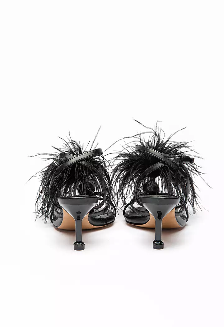 Polka Dot Stiletto Sandals with Feather Trim.