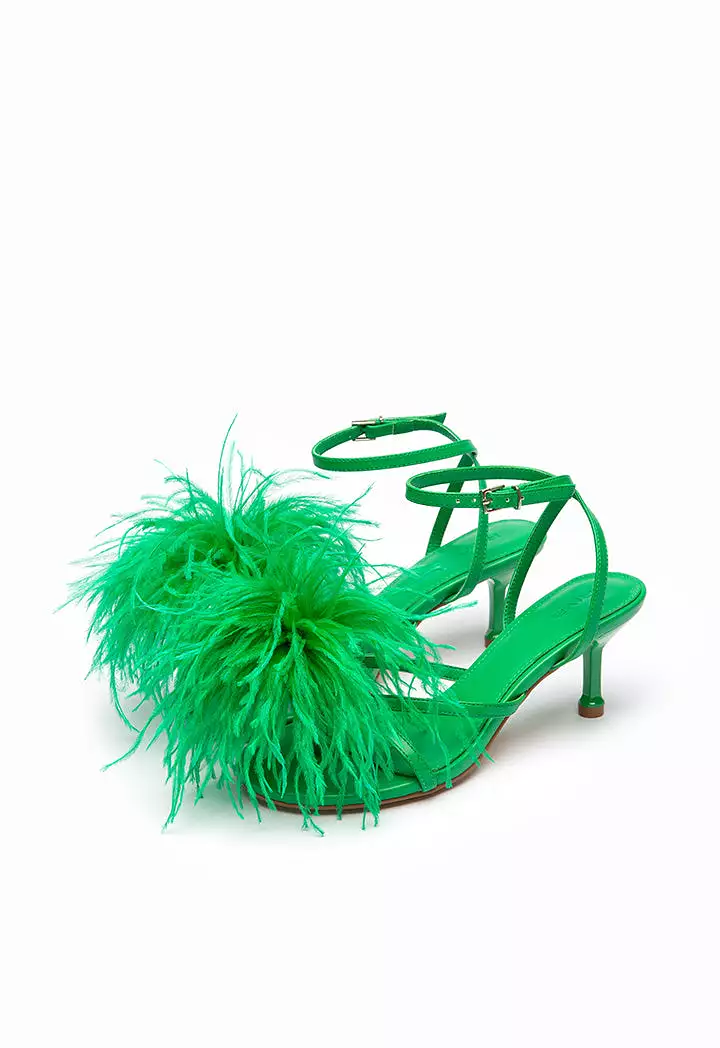 Polka Dot Stiletto Sandals with Feather Trim.