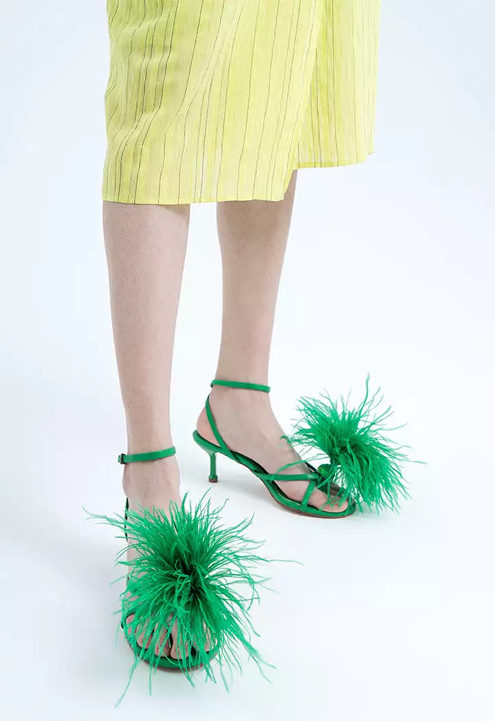 Polka Dot Stiletto Sandals with Feather Trim.