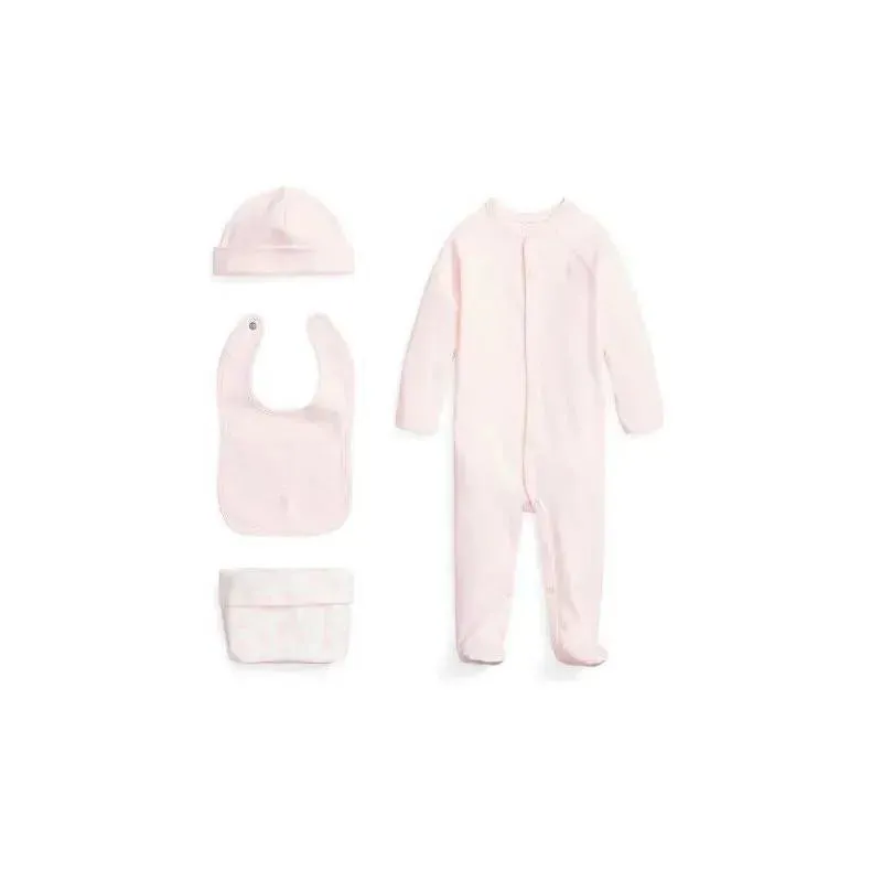 Polo Ralph Lauren Baby - 4Pk Long-Sleeve Interlock Bib, Beanie & Print Knit Caddy Coverall, Delicate Pink