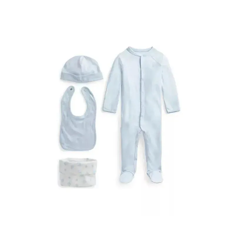 Polo Ralph Lauren Baby - 4Pk Long-Sleeve Interlock Bib, Beanie & Print Knit Caddy Coverall, Quartz Heather