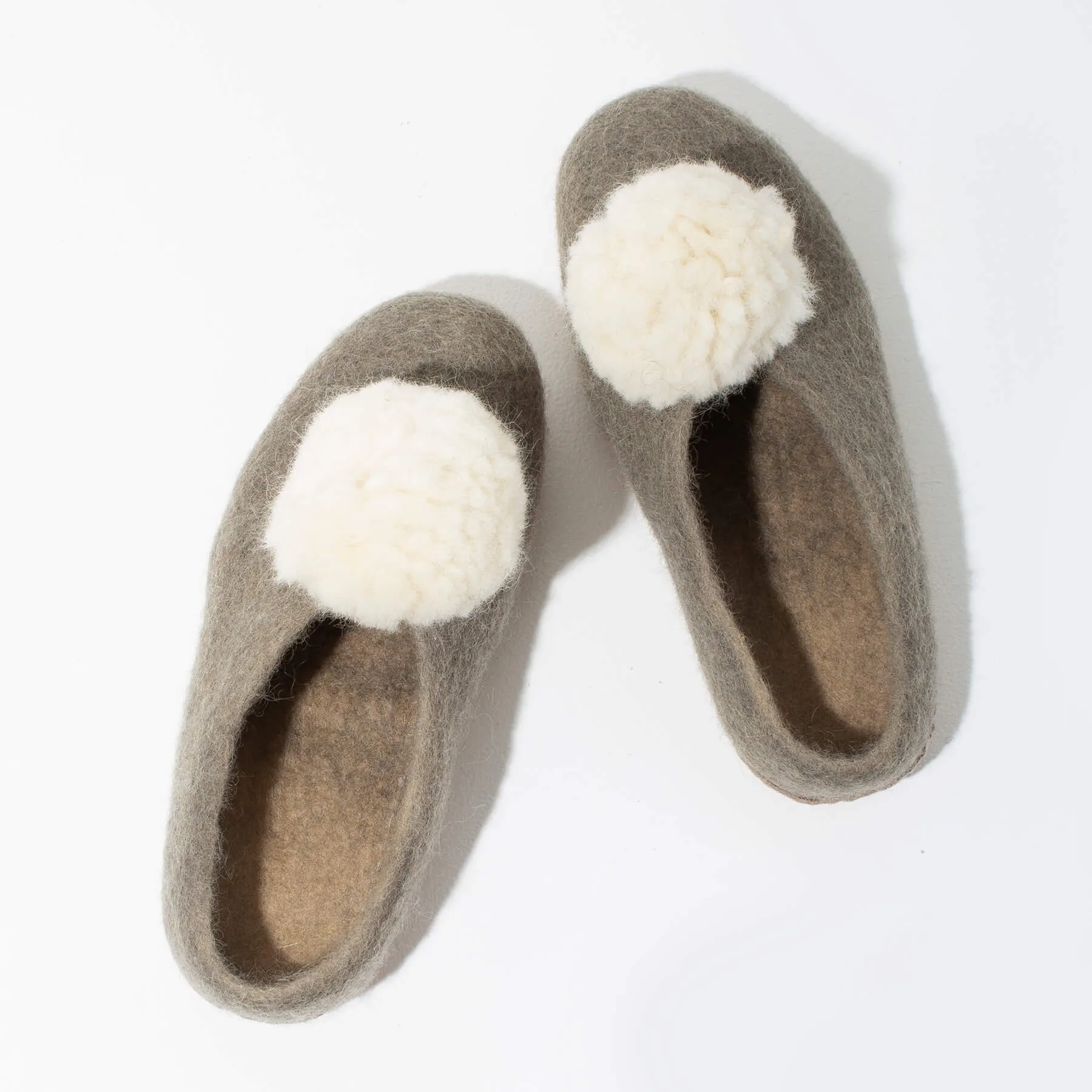 Pom Pom Felt Slippers for Sale - Light Grey + White.