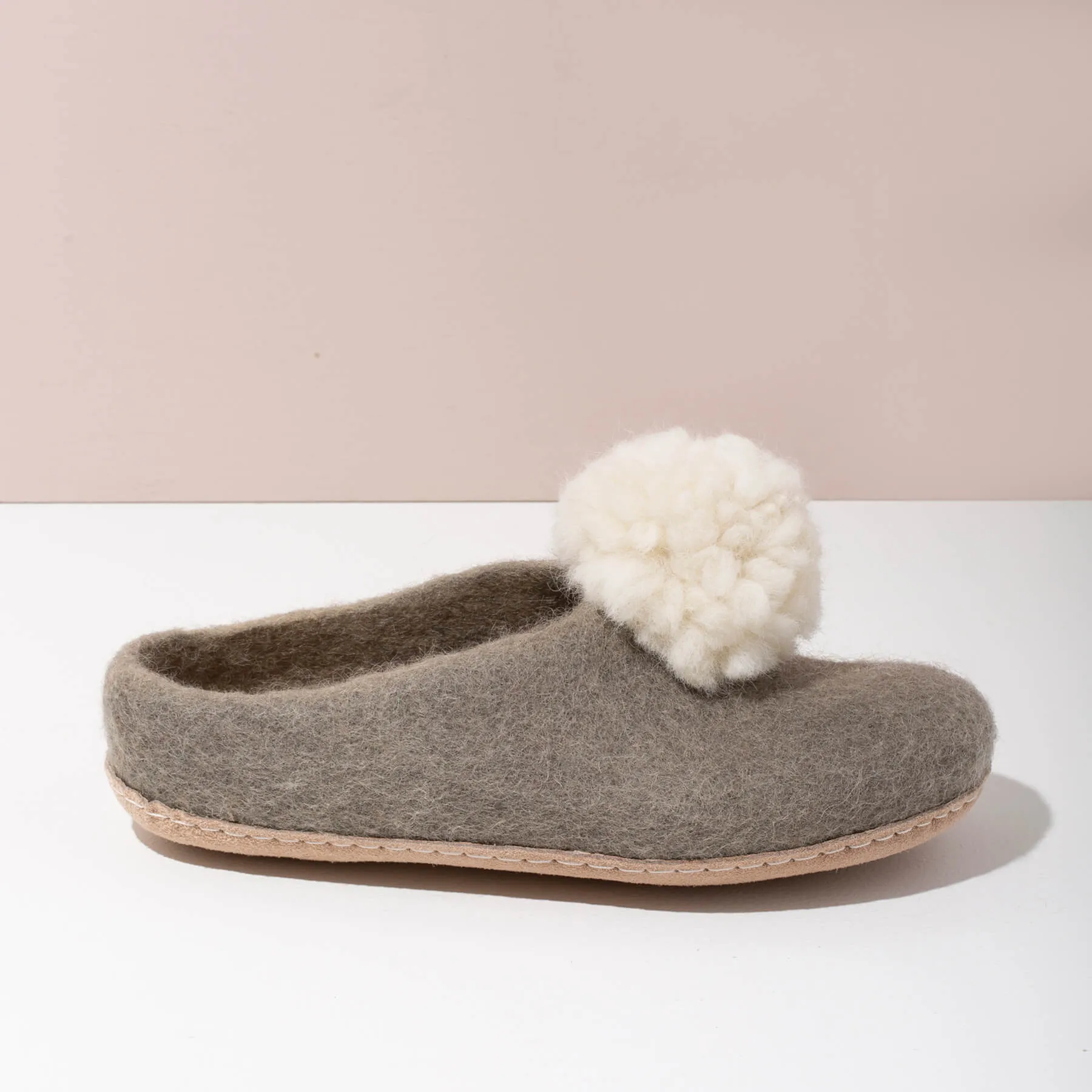 Pom Pom Felt Slippers for Sale - Light Grey + White.