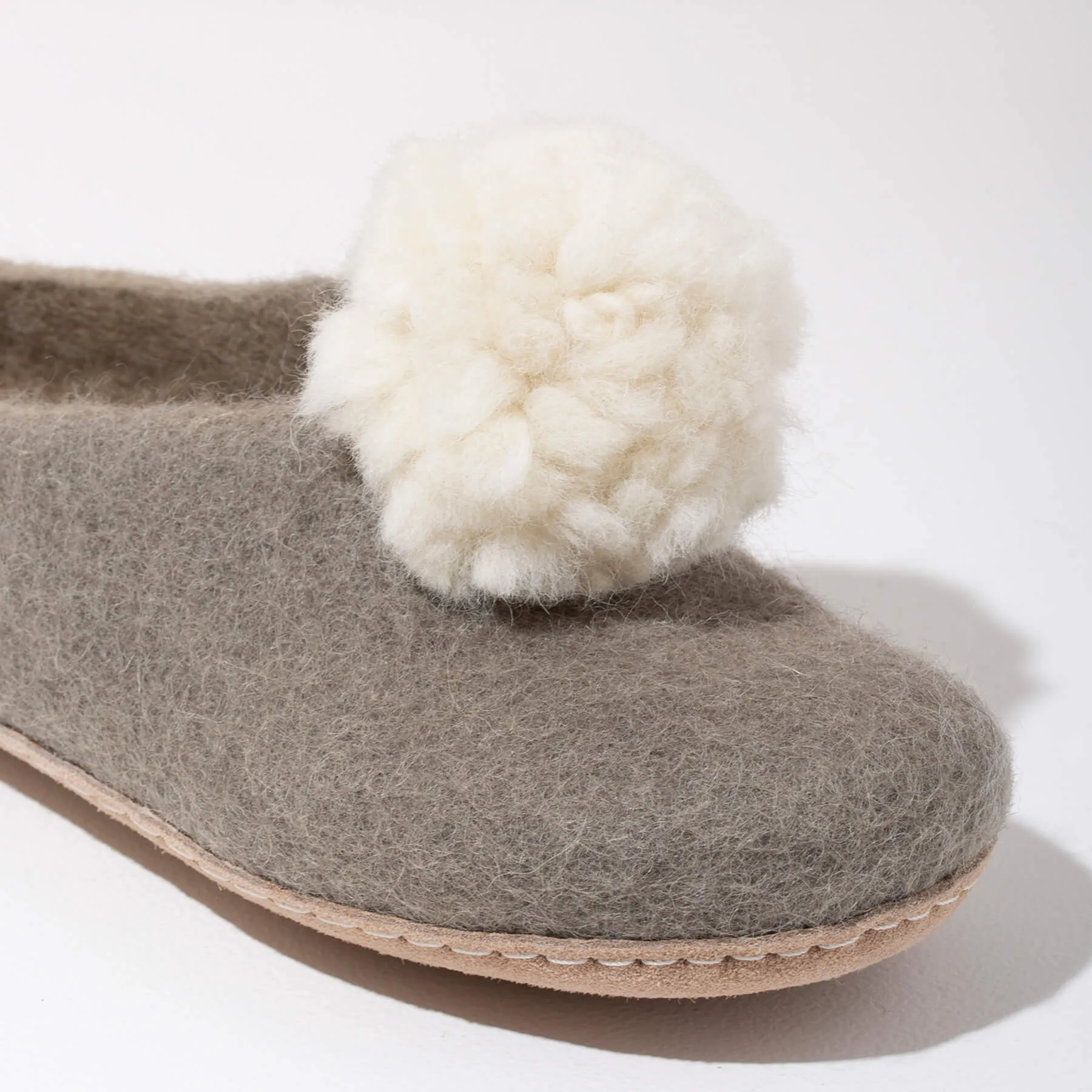 Pom Pom Felt Slippers for Sale - Light Grey + White.