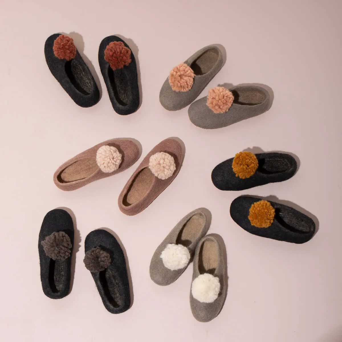 Pom Pom Felt Slippers for Sale - Light Grey + White.