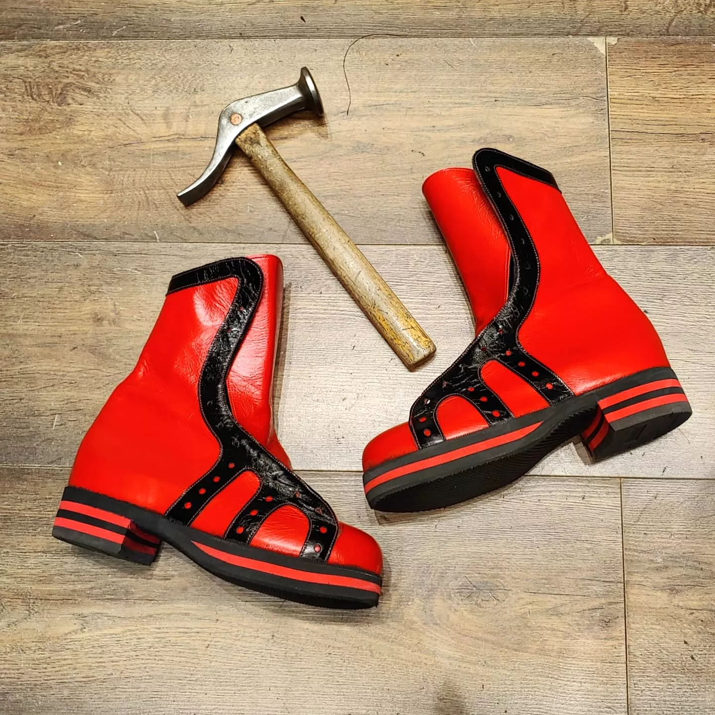 Red and black vintage high-top sneakers