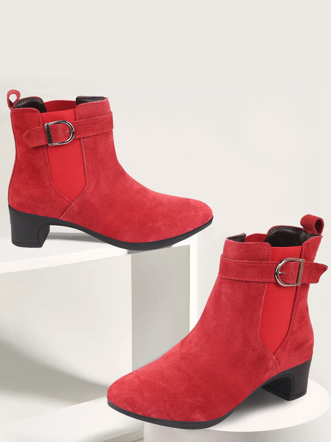 Red Flared Heel High Ankle Suede Leather Women's Winter Buckle Strap Chelsea Boots