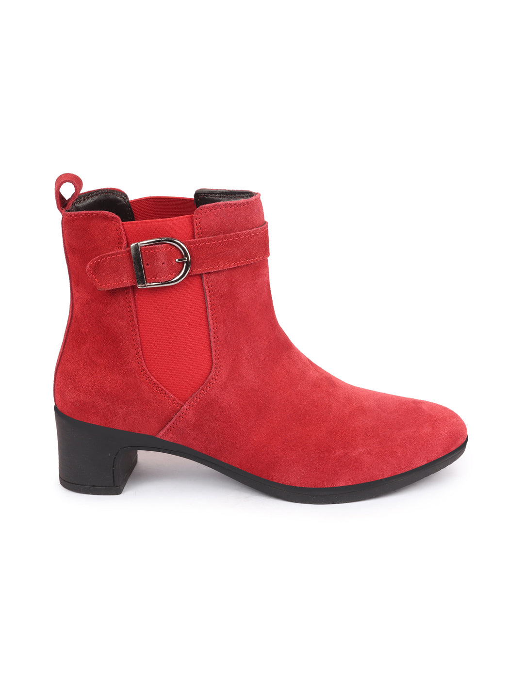 Red Flared Heel High Ankle Suede Leather Women's Winter Buckle Strap Chelsea Boots