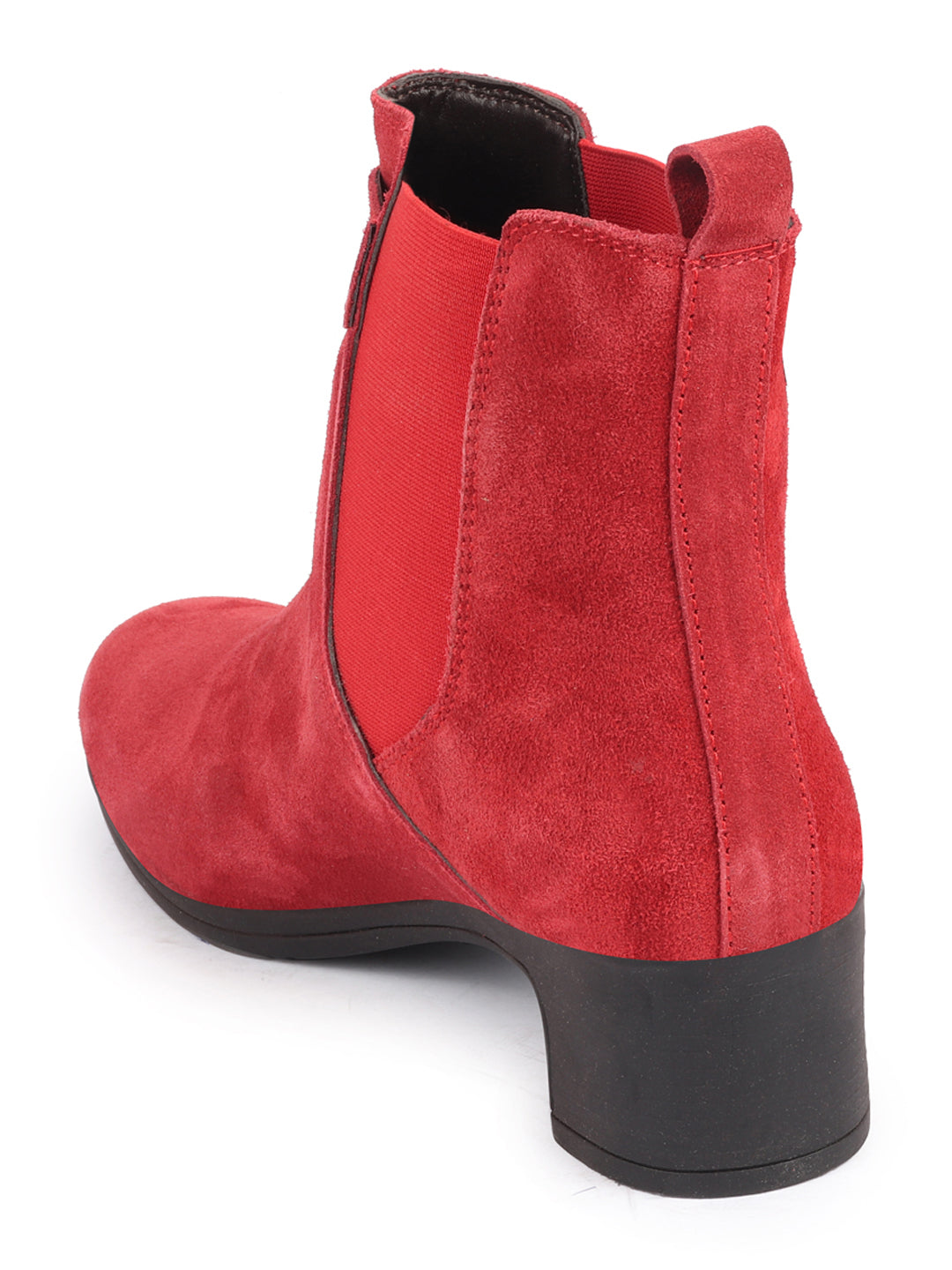 Red Flared Heel High Ankle Suede Leather Women's Winter Buckle Strap Chelsea Boots