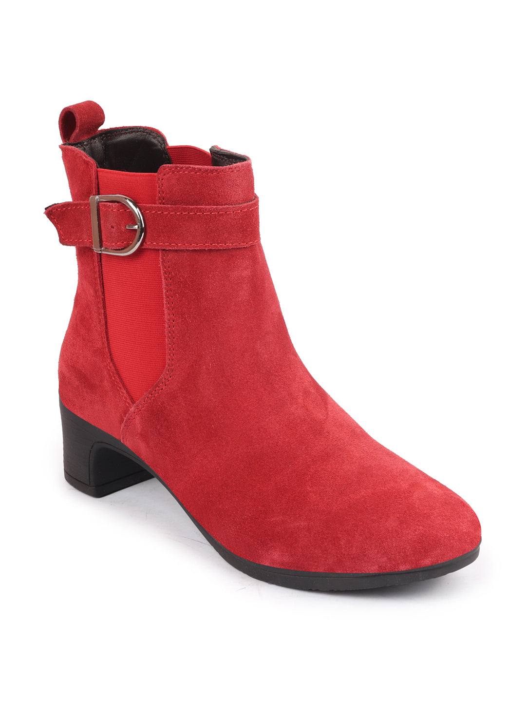 Red Flared Heel High Ankle Suede Leather Women's Winter Buckle Strap Chelsea Boots