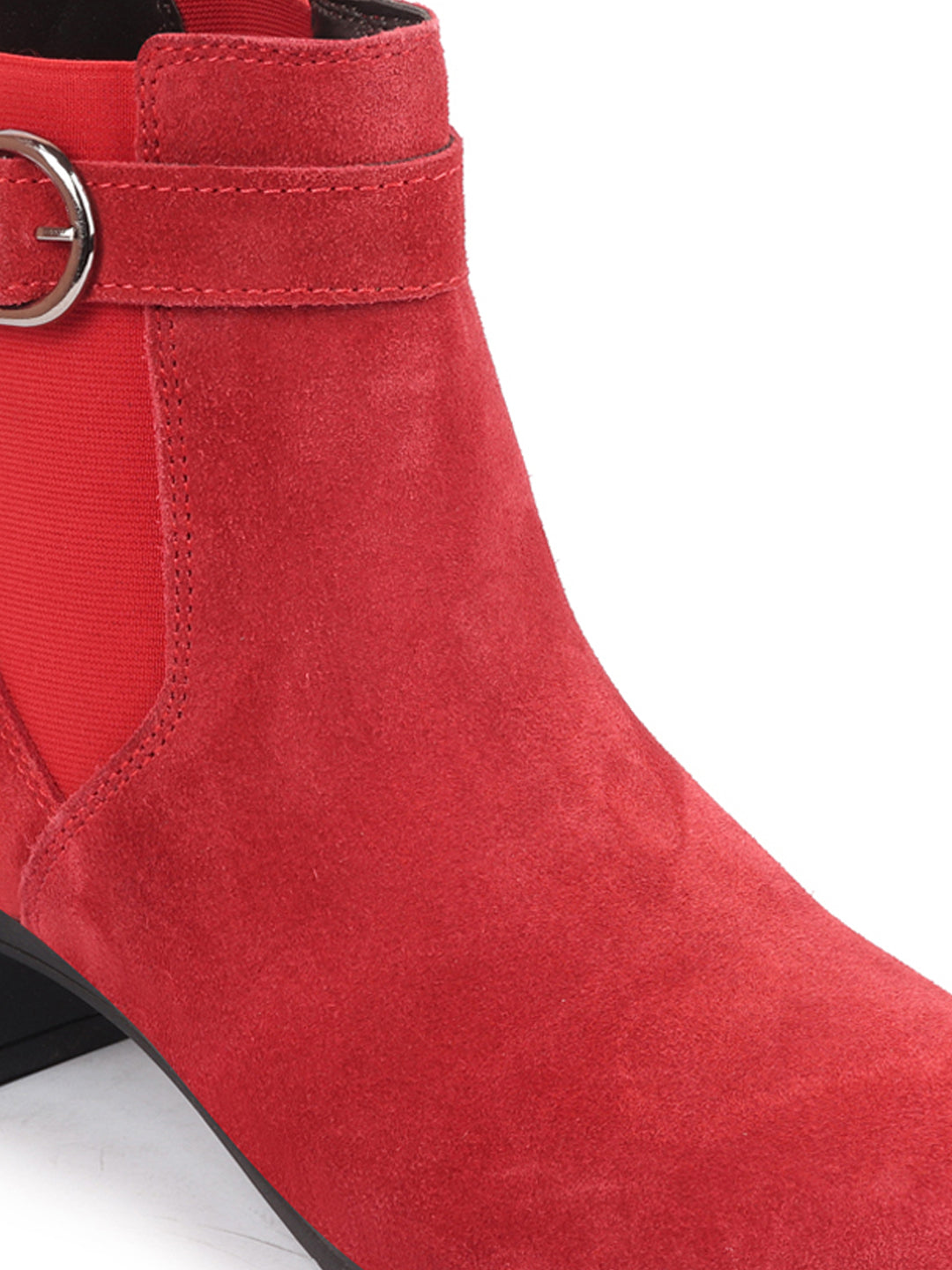 Red Flared Heel High Ankle Suede Leather Women's Winter Buckle Strap Chelsea Boots