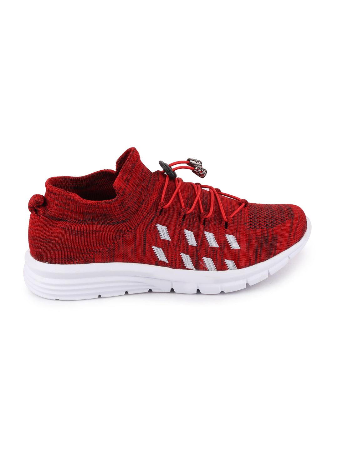 Red men's running shoes laced up for sports.