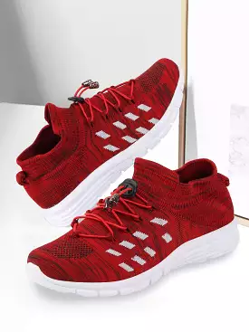 Red men's running shoes laced up for sports.