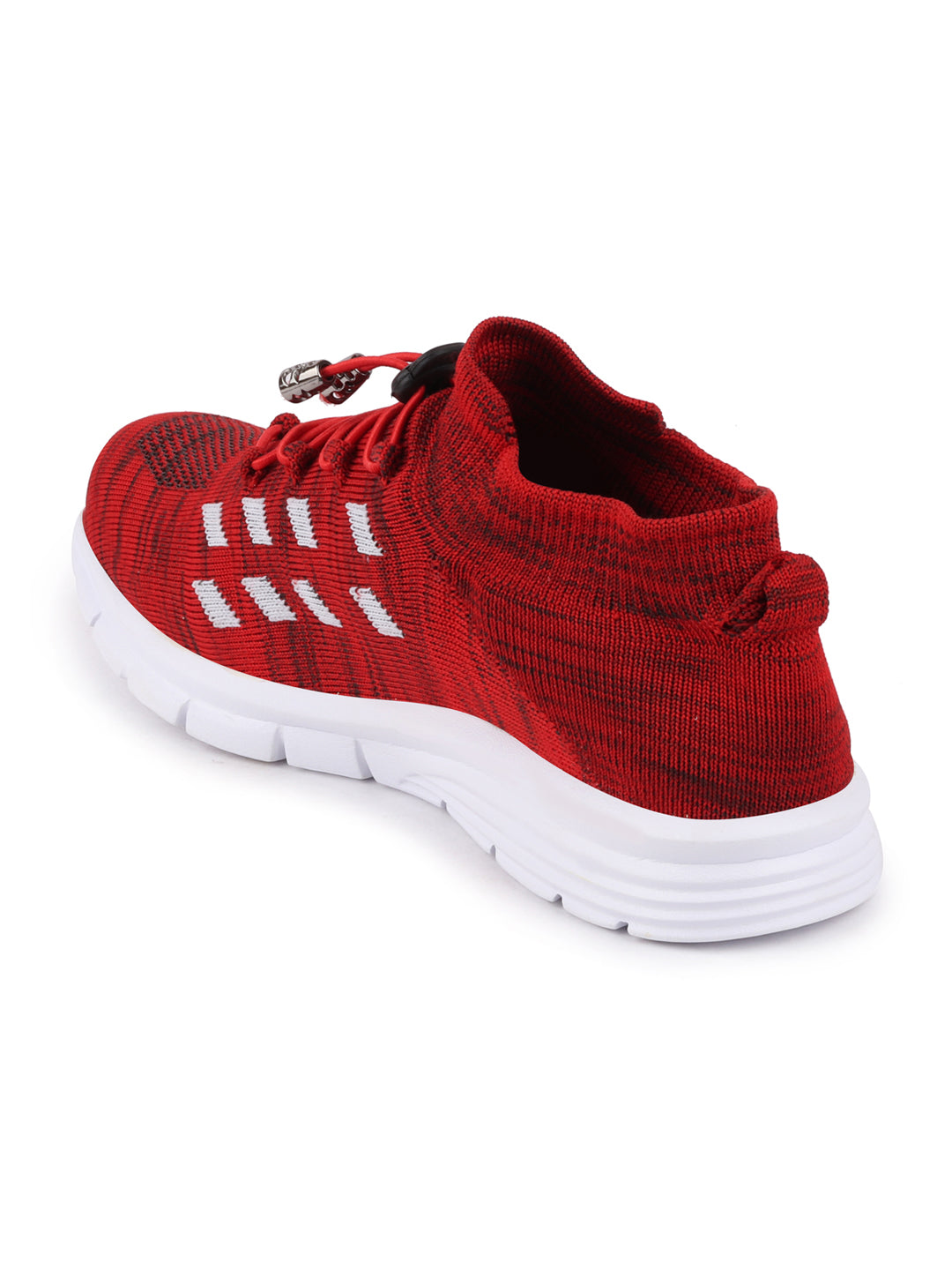 Red men's running shoes laced up for sports.