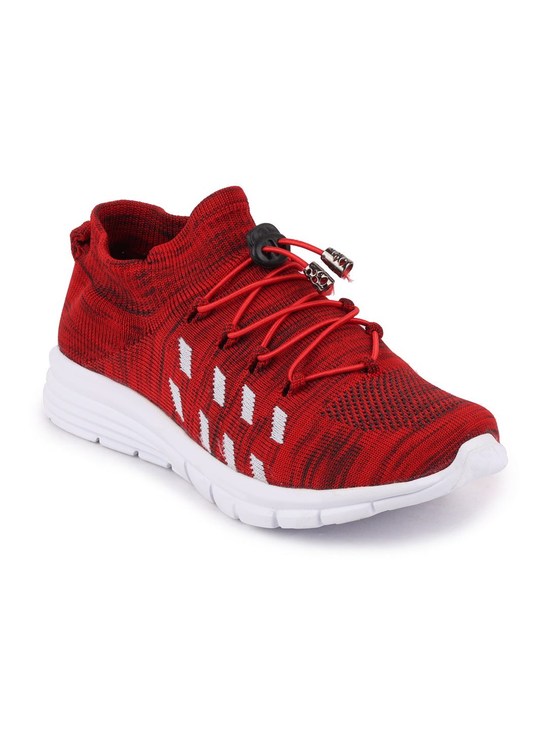 Red men's running shoes laced up for sports.