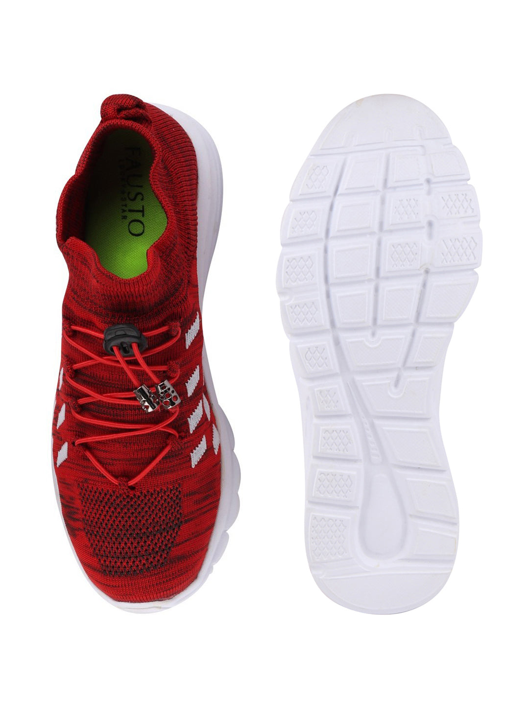 Red men's running shoes laced up for sports.