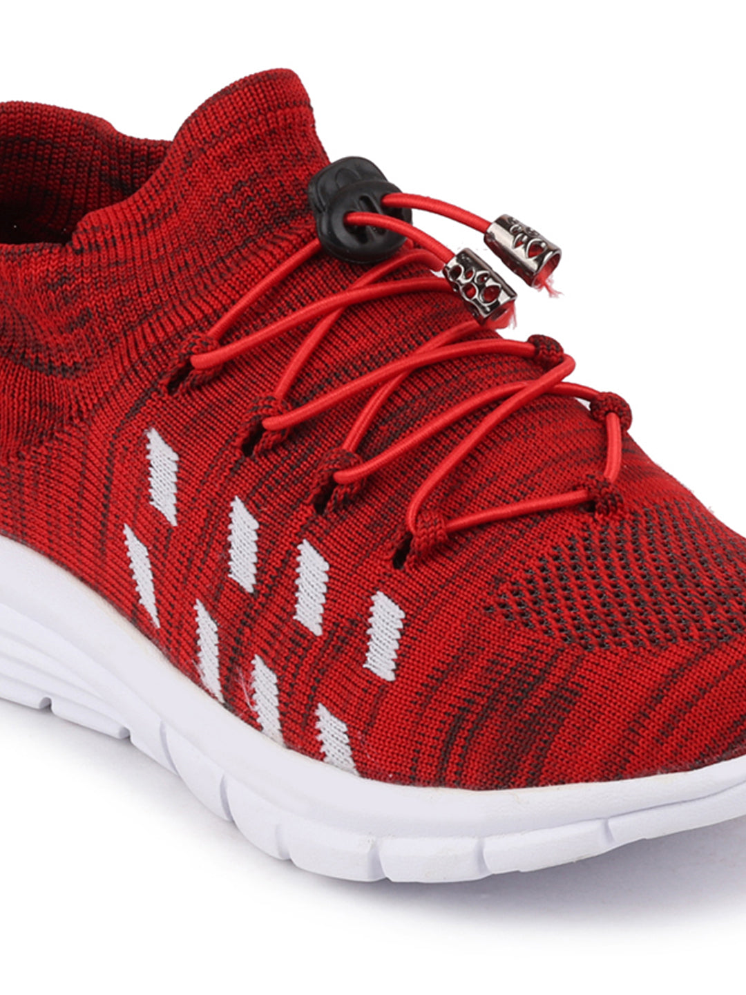 Red men's running shoes laced up for sports.